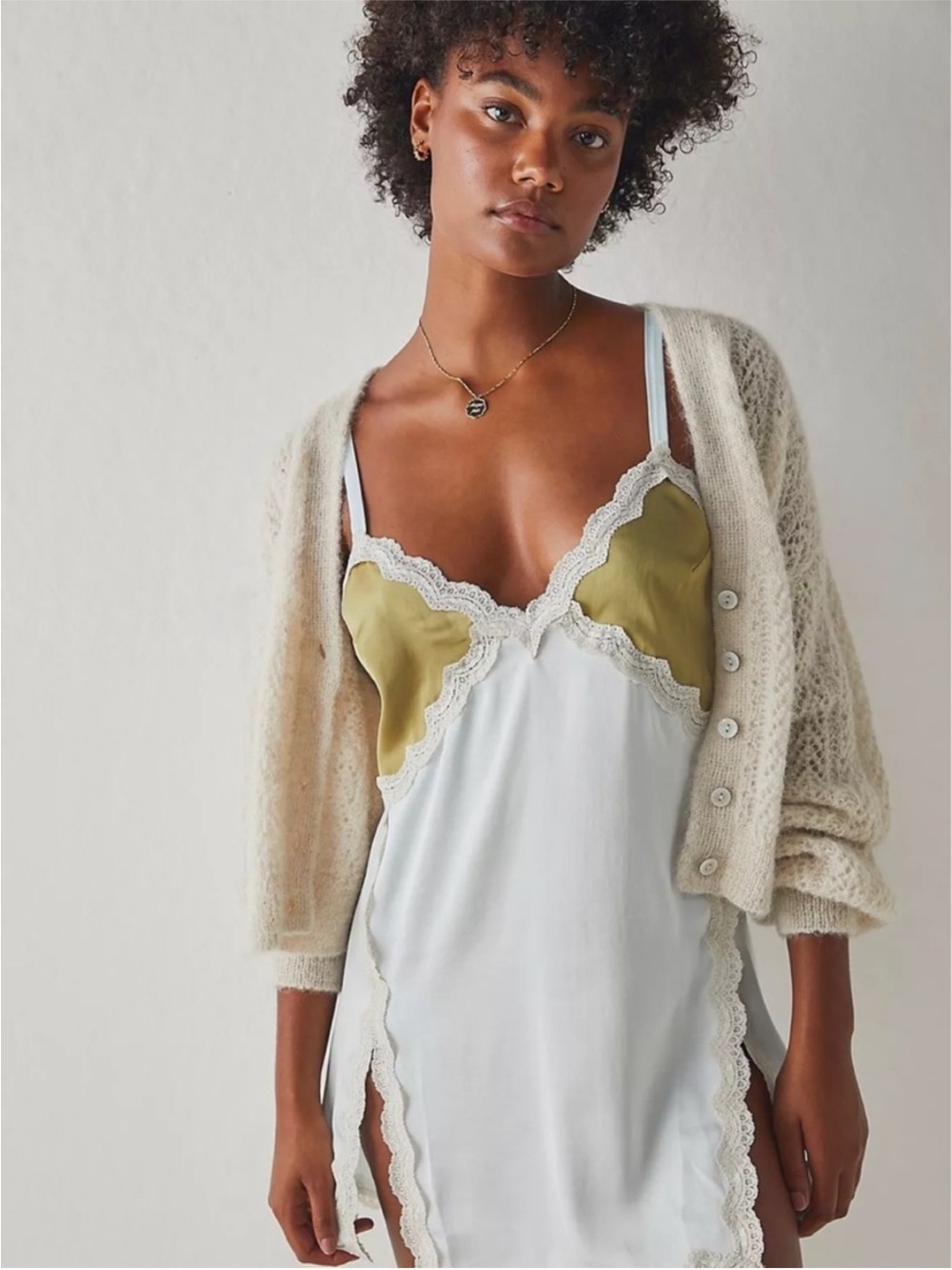 Free People Lace-Trim Slip Dress in Ice Combo and Olive